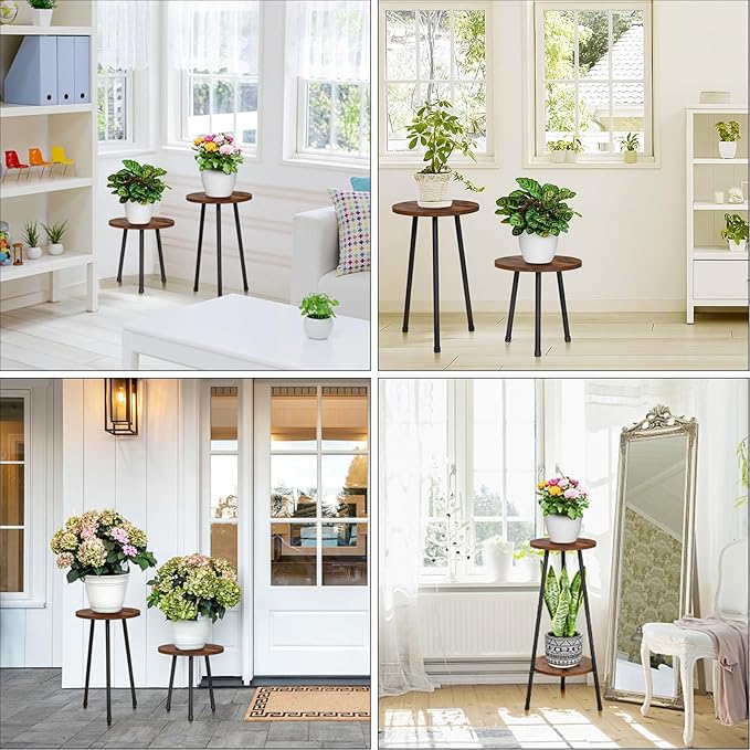 2 Pack Indoor Plant Stand, Mid-Century Wooden Style Plant Holder, Indoor Outdoor Flower Stand,Small Round Table, Two Different Sizes(Black)
