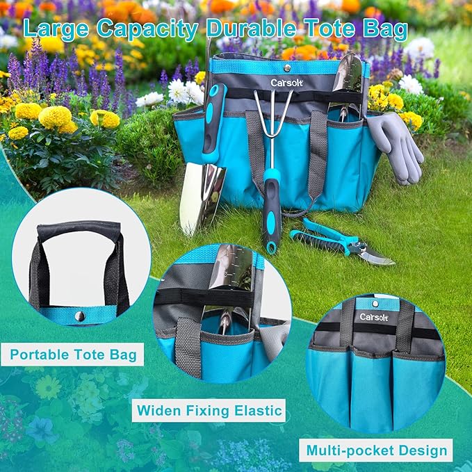 Gardening Tools, Carsolt 10 Piece Heavy Duty Stainless Steel Garden Tools Set with Ergonomic Rubber Handle. Variety of Gardening Hand Tools for Planting Gardening Kit with Gift Box Ideal Garden Gifts