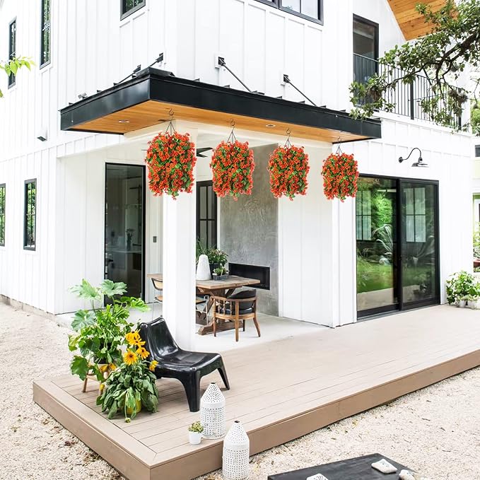 Artificial Hanging Flowers in 12 inch Basket, Fake Fall Plant Silk Orchid Flower Arrangement with Coconut Lining Pot Planter for Patio Garden Porch Deck Summer Autumn Decorationr(Orange)