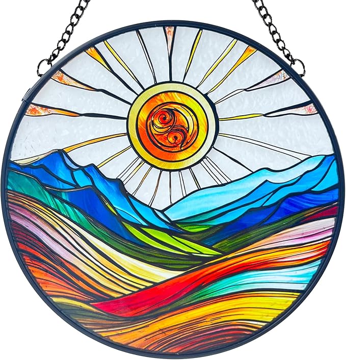 Artistic Colorful Sunrise Stained Glass Suncatcher - Window Wall Hanging Ornament Hand-Painted Glass Panel Sun Catcher - Decoration for Home Garden Christmas Party Wedding Housewarming Gifts