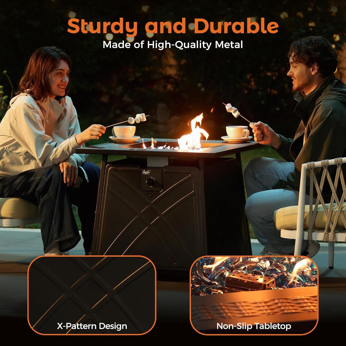 BALI OUTDOORS Gas FirePit Table, 28 inch 50,000 BTU Square Outdoor Propane Fire Pit Table with Lid and Blue Fire Glass