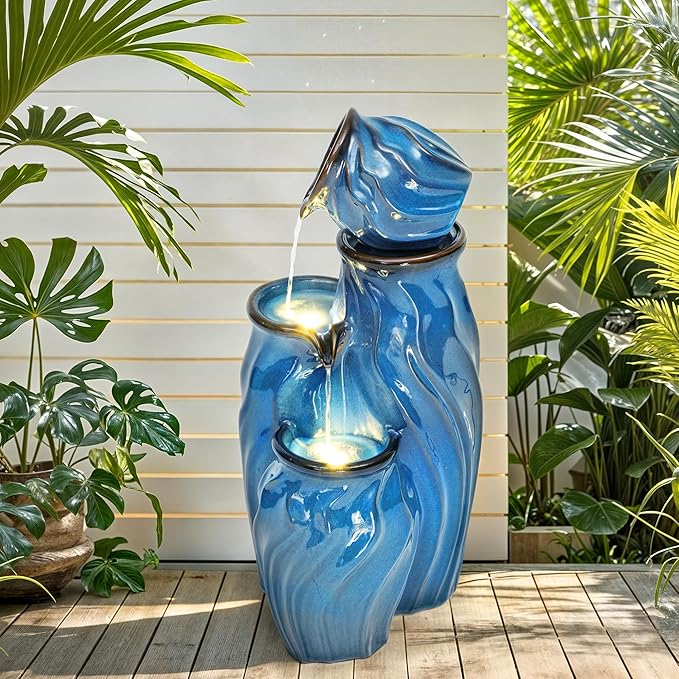 29" Tall Ceramic Outdoor Water Fountain with LED Lights, 4-Tier Cascading Jars Water Feature, Tranquil Waterfall for Relaxing Garden, Patio, Yard, or Porch, Turquoise, Dynamic Wave-Texture