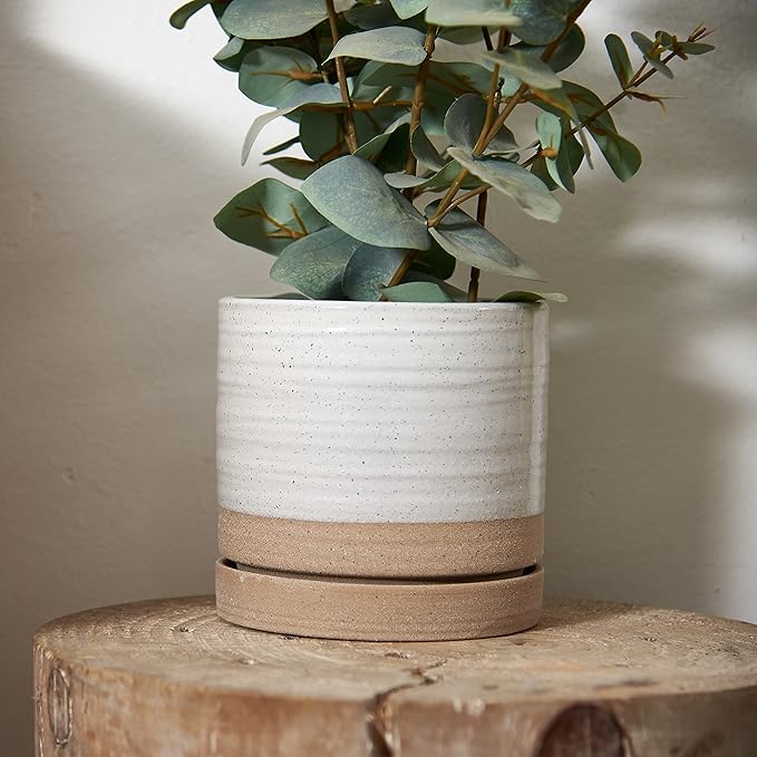 6 Inch Plant Pots, Ceramic Planter Pot with Drainage Hole & Saucer, Indoor/Outdoor Cylinder Round Planter Pot, White & Beige Glaze