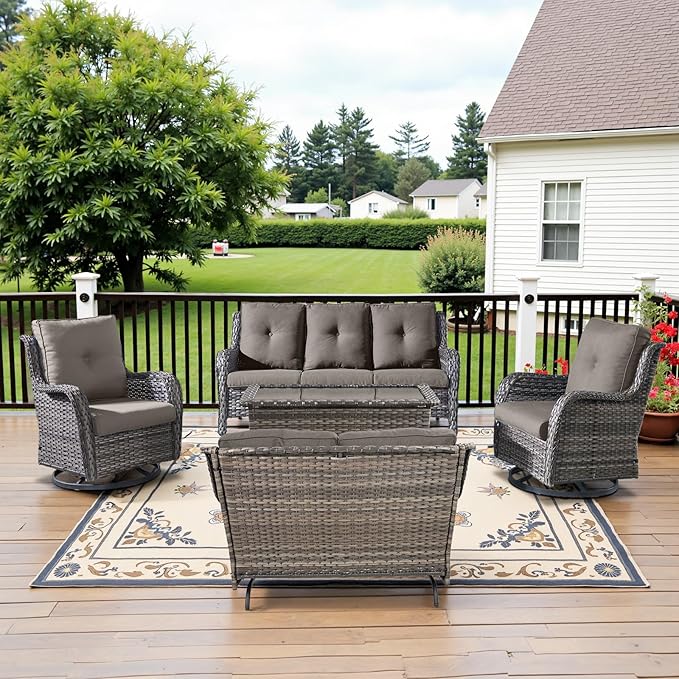 5 Piece Outdoor Patio Furniture Set - Outdoor Conversation Couch and Loveseat Glider Chair Furniture Set with Rattan Coffee Table for Deck Balcony Poolside Gray Wicker/Grey Cushions
