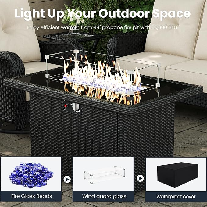 7 Pieces Outdoor Patio Furniture Sets with Single Chairs with 6-inch Thick Cushion and Fire Pit Table for Deck Lawn