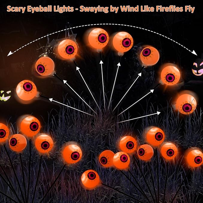 Halloween Decorations Outdoor Path Lights - 4 Packs 32LEDs Solar Halloween Eyebal Pathway Lights Swaying by Wind,Waterproof Solar Halloween Stake Lights for Garden Yard Porch Patio Pathway (Orange)