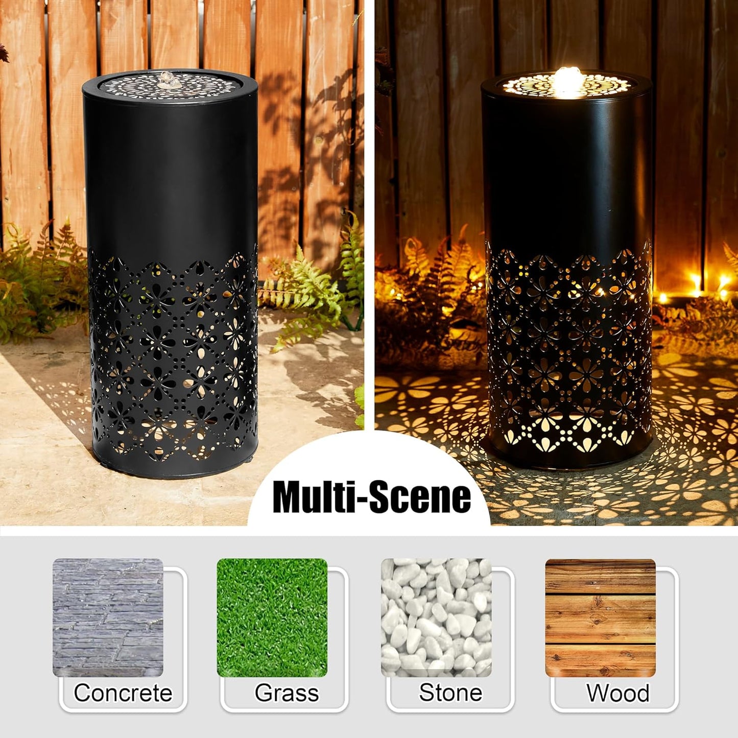 Glitzhome Modern Metal Cutout Water Fountain with Pump, Adapter and LED Light, Black Cutout Bird Bath Garden Outdoor Fountain and Waterfalls, Freestanding Fountains for Patio Backyard Decor, 23.5''H