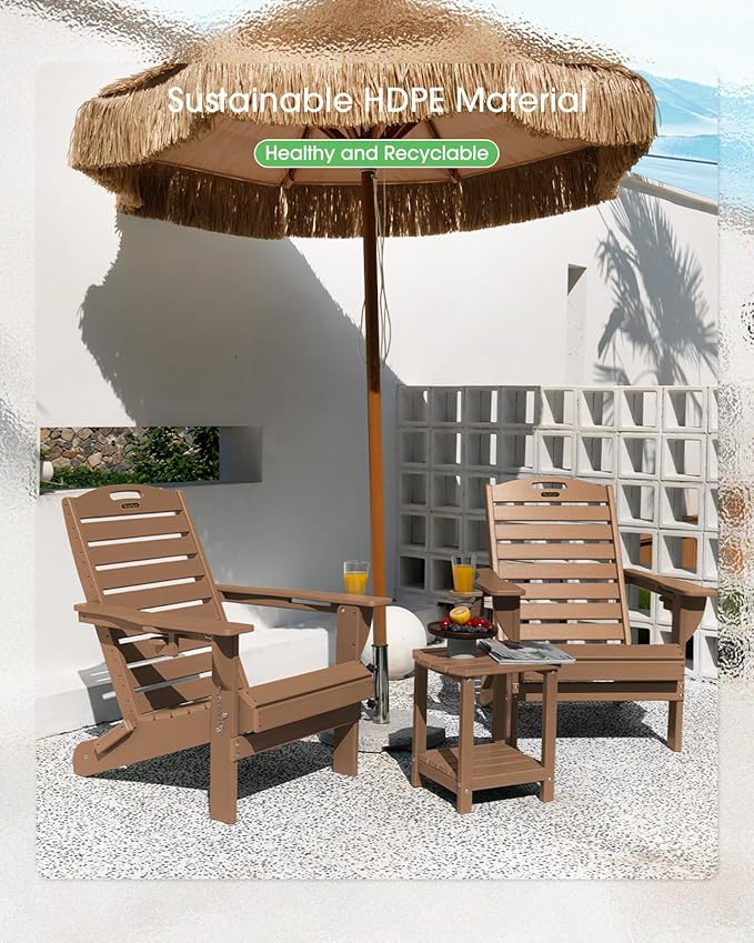 Adirondack Chairs Set of 4, Outdoor Fire Pit Chairs, HDPE All-Weather Adirondack Chairs with Cup Holder, Lawn Chair for Deck, Patio, Garden (Teak)