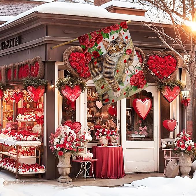 BLKWHT Valentines Cat House Flag 28 x 40 Vertical Double Sided Red Roses Spring Farmhouse Holiday Outside Decorations Burlap Yard Flag BW757-40