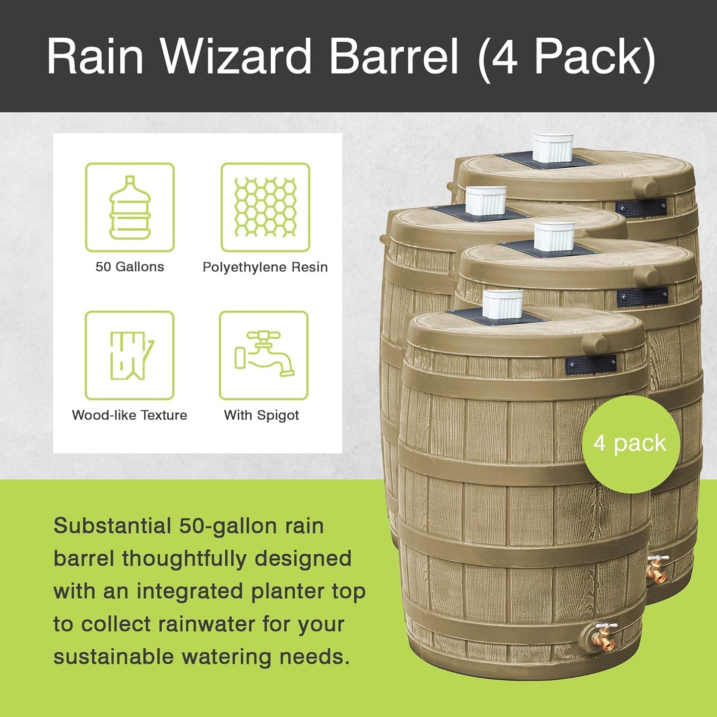 Good Ideas Rain Wizard 50 Gallon Plastic Outdoor Home Rain Barrel Water Storage Collector with Brass Spigot and Flat Back Design, Khaki (4 Pack)