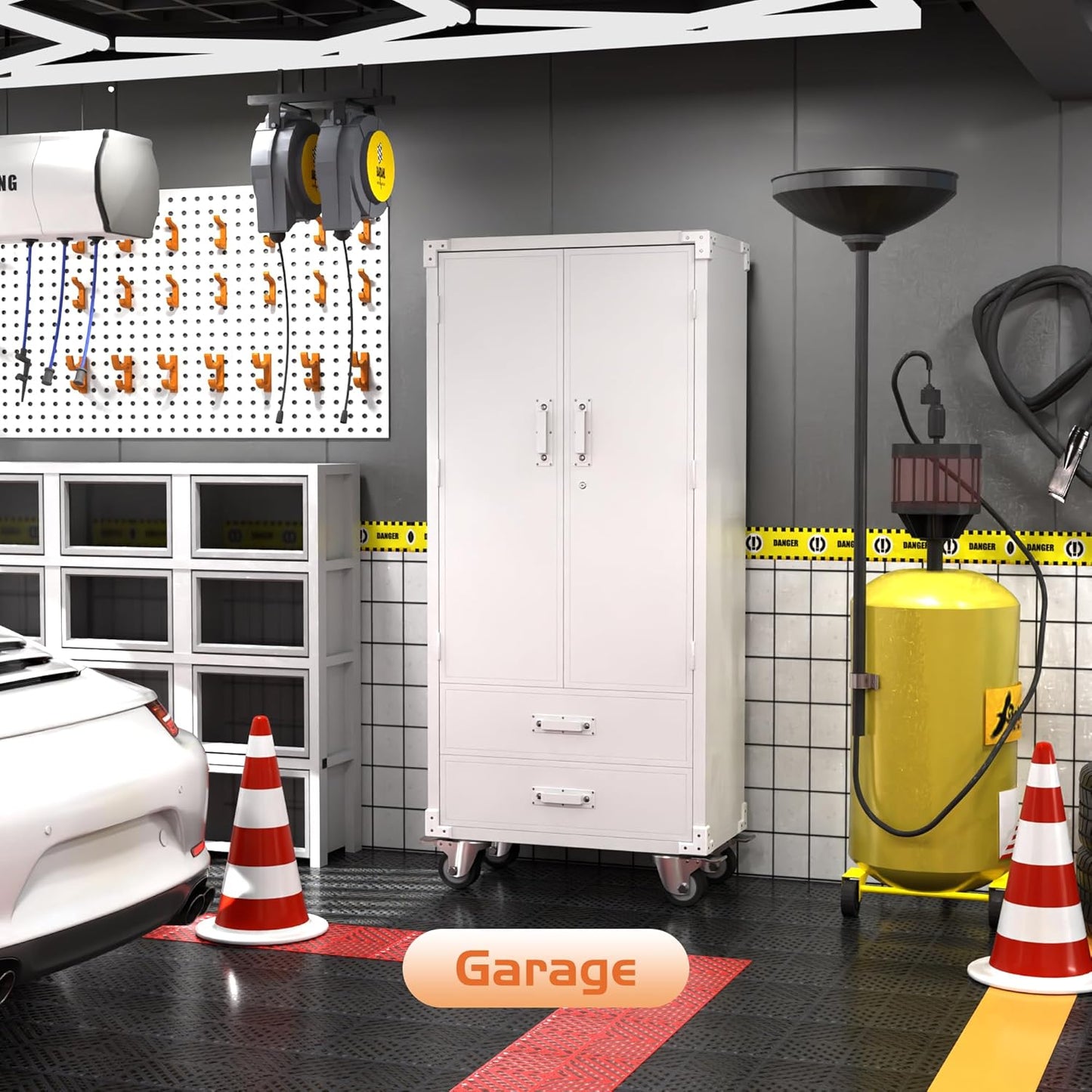 Aobabo Metal Storage Cabinet with 2 Large Drawer, Lockable Steel Storage Cabinet with 3 Adjustable Shelves, for Home, Office, Garage, Classroom, White, Assembly Required