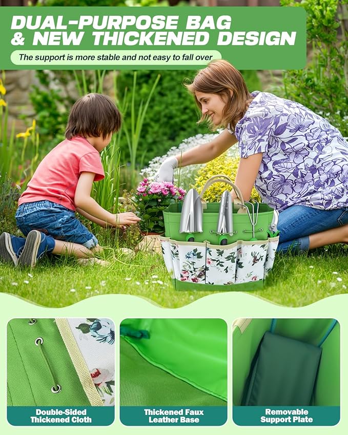 Garden Tools Set, 8 in 1 Heavy Duty Garden Tools Kit, Stainless Steel Ergonomic Gardening Hand Tool with Upgraded Bag, Gardening Supplies Gift for Women, Kid, Organizer