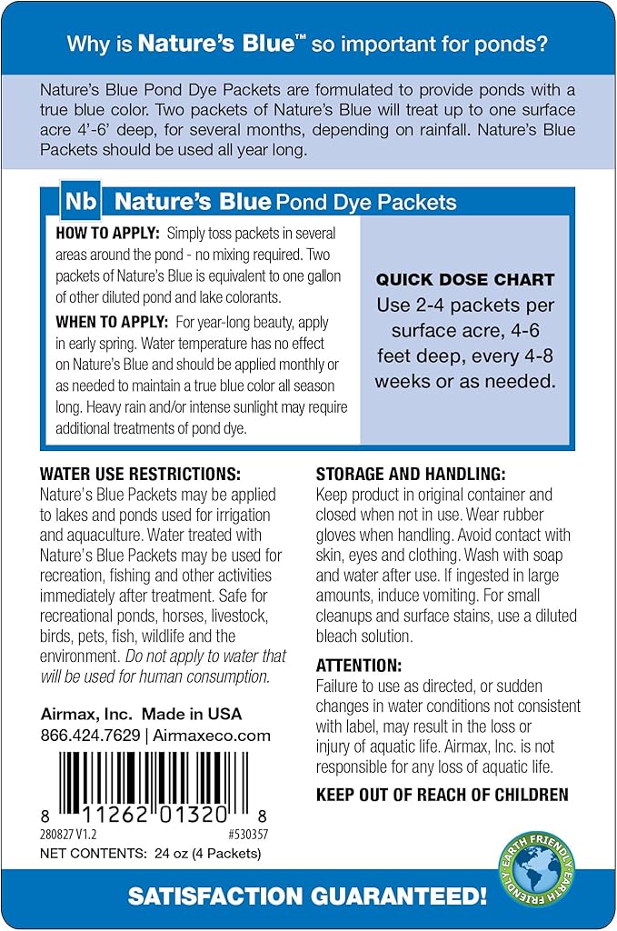 Airmax Pond Dye Packets Natures Blue Colorant for Large Pond & Lake, Beneficial UV Blocking Color Concentrate, Maintain Clean & Clear Pond, Fish, Bird & Animal Safe, Easy Treatment, 4 Soluble Packets
