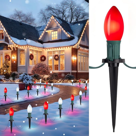 Frosted C9 Christmas Lights Outdoor, 25.7 Ft Christmas Pathway Lights with 20 LED Bulbs and Stakes, Connectable Christmas Yard Decorations Walkway Sidewalk Holiday, Red and White