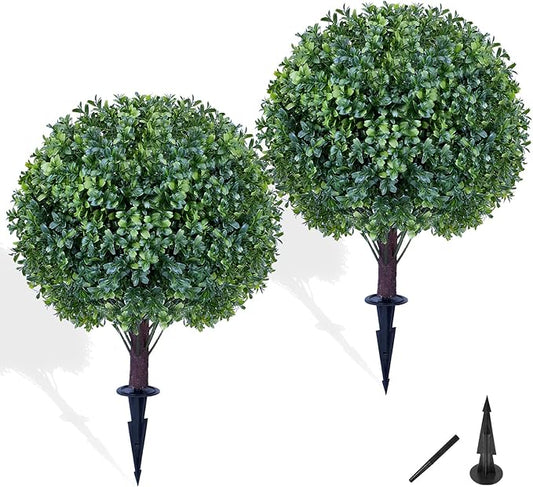 Artificial Boxwood Sphere Bushes Set of 2 Lifelike - UV Resistant Faux Shrubs with Stakes for Effortless Porch, Planter & Indoor Decor 16in FZHCZWZX