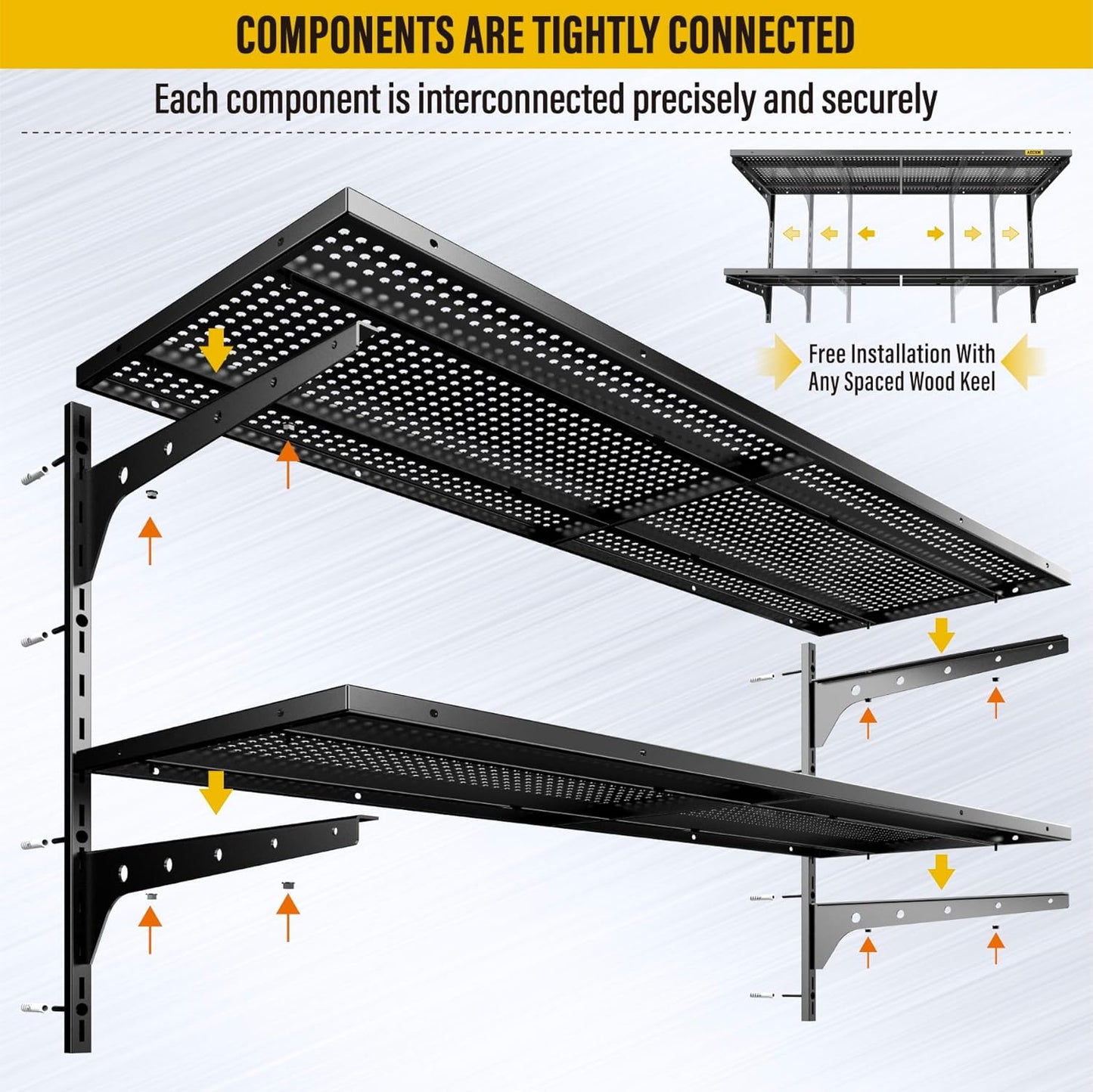 2 Tier 1.3x4ft Garage Shelving Wall Mounted, 400 lbs Load Capacity，15.6x48inch per Shelf Height Cassette Adjustable Floating Shelves(Black)