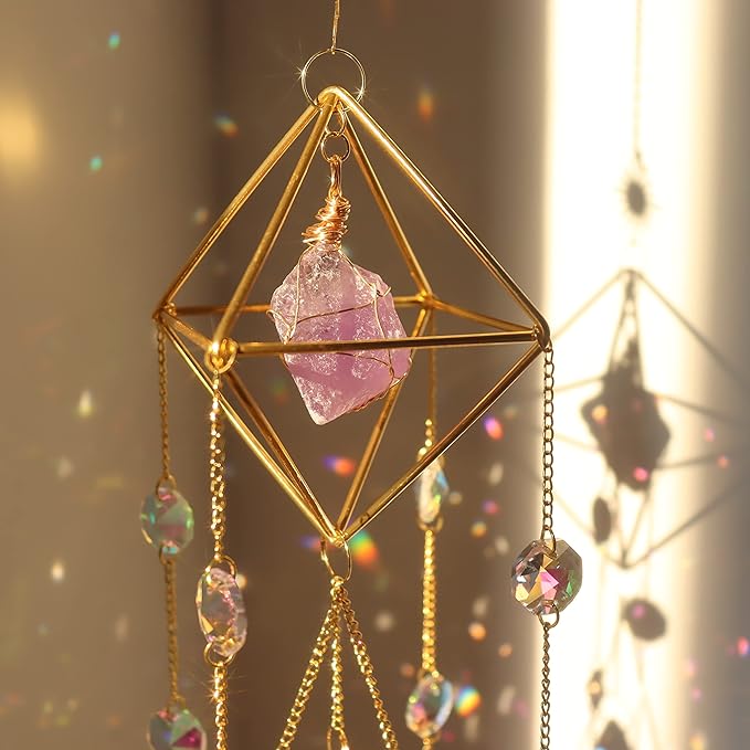 Amethyst Crystal Suncatcher - Hanging Gold Plated Garden Sun Catcher for Windows, Healing Amethyst Crystal Decor for Home, Gift for Christmas Birthday Valentine Mothers Day