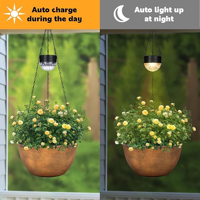 2 Packs Hanging Planters Basket for Outdoor Plants, Solar Powered Self Watering Bronze Round Plastic Flower Pots with Drainer for Balcony Patio Garden Outdoor Decoration