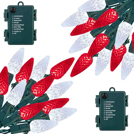 Brightown C6 LED Christmas String Lights - 2 Pack Each 20ft 60LED Battery Operated Strawberry String Lights with Timer and 8 Light Modes for Christmas Trees Wreaths, Indoor Xmas Decor, Red and White