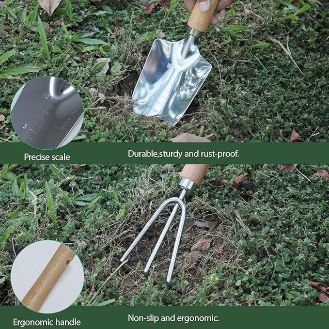 Garden Tool Set, 2 Pieces Stainless Steel Heavy Duty Garden Tools, Gardening Kit with Wooden Handle Garden Hand Tools, Durable Garden Tools for Gardening, Gardening Gifts for Women Men