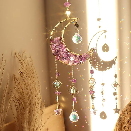Amethyst Crystals Suncatcher - Hanging Moon Sun Catcher with Glass Prisms for Windows, Healing Amethyst Crystal Decor for Home, Gift for Christmas Birthday Valentine Mothers Day
