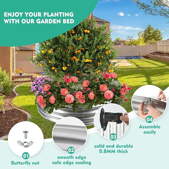 48 Inch Diameter Silver Galvanized Garden Raised Bed/Plant Box/Fire Pit Ring-0.8mm Thick,12 Inch Tall,Crimped Edge and Corner,No Sharpe,Perfect for Plantings (4FT Diameter, Round)