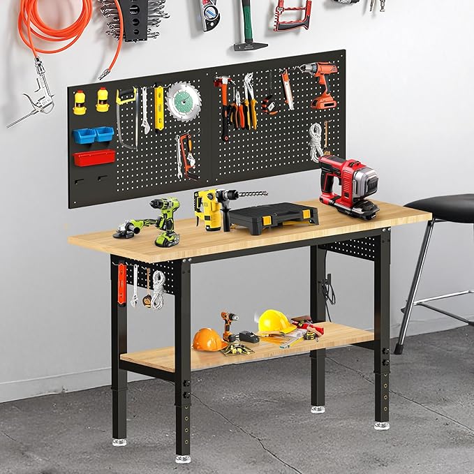 Adjustable Height Workbench, Heavy Duty Table Rubber Wood Workstation with Power Outlet & Pegboard for Garage, Office, Workshop, Home,Commercial (60"×22"|Shelf)