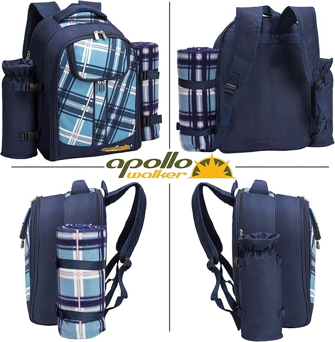 Apollo walker Picnic Backpack Set for 4 with Cooler Compartment,Detachable Bottle/Wine Holder Including Large Picnic Blanket(45"x 53") for Picnic Family and Lovers Gifts,Outdoor,BBQ Time (Blue)