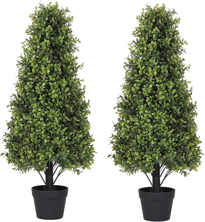 3ft Artificial Boxwood Topiary Trees (Set of 2) - UV Resistant Faux Plants Outdoor, Realistic 36" Fake Cone Bushes and Shrubs for Front Porch, Planter, Patio - Low Maintenance & Evergreen