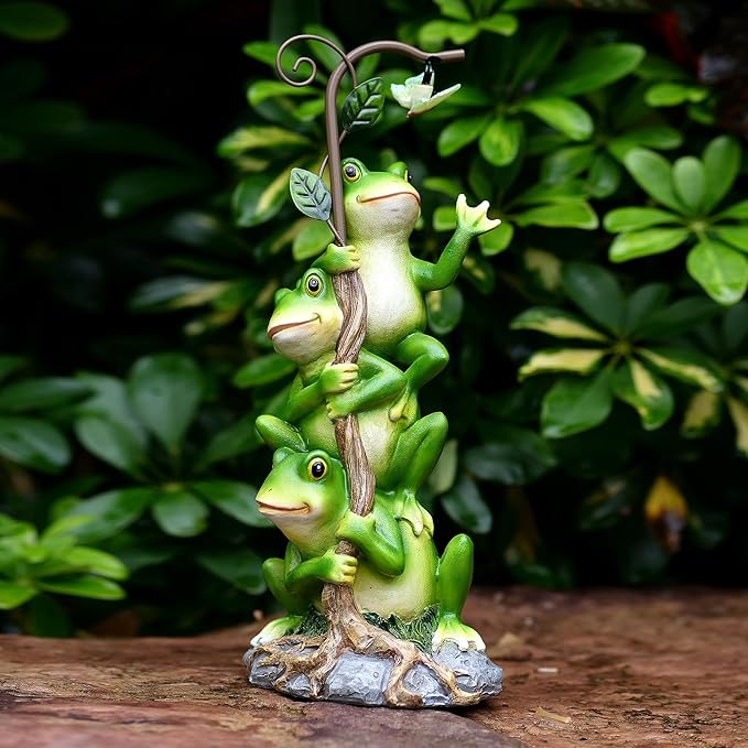 Frog Figurine Garden Decor, Solar Resin Frogs Outdoor Statue, Funny Frog Gift Sculpture Decoration for Home Patio Yard Lawn Porch Ornament