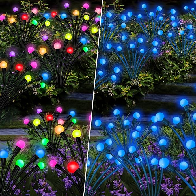4 Pack 40 LED Solar Firefly Lights,2 Pack Multicolor+2 Pack Blue