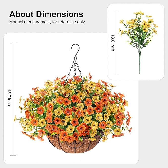Artificial Fake Hanging Mums Plants Flowers Basket for Fall Autumn Outdoor Decor, Faux Silk Orange Dasiy Flower Look Real UV Resistant for Outside Porch Home Patio Garden Decoration