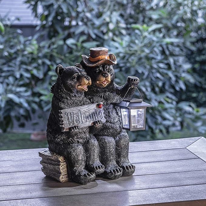 Alpine Corporation 15" Tall Outdoor Bear Couple with Lantern and Welcome Sign Statue with Solar LED Light Yard Art Decoration
