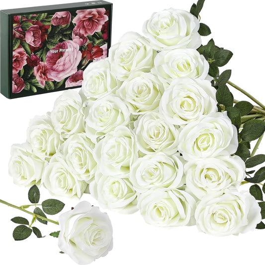 20PCS Artificial White Roses, 3.9'' Silk Flower Head Fake White Rose with Long Stems, Realistic Faux Roses Bouquet for DIY Wedding Home Party Office Decoration