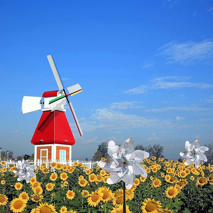 BATTIFE 12 Pack Pre-Assemble Sparkly Reflective Pinwheels | Silver Bird Blindness Pin Wheel | Scare Birds & Animals Away | Wind Spinner for Yard and Garden