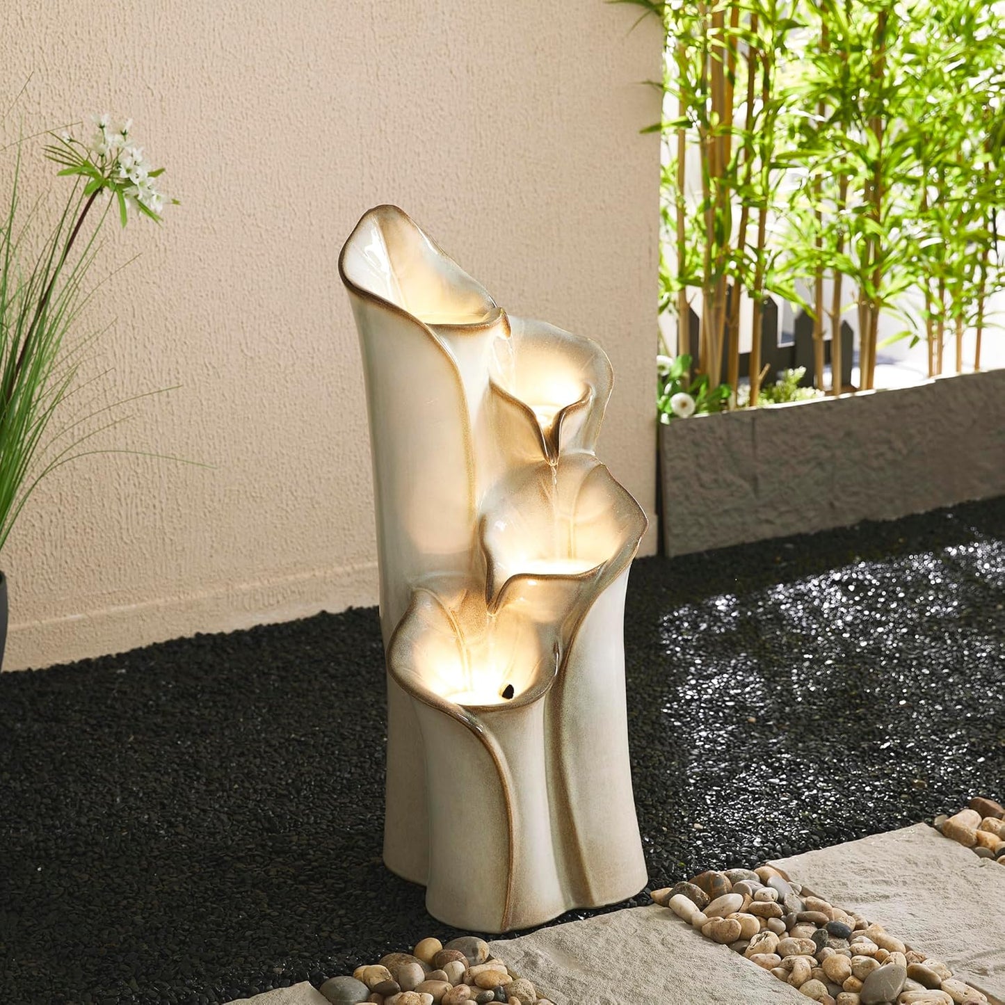 Glitzhome 31.25" H Outdoor Water Fountain with LED Lights and Pump, 4 Tier Sand Beige Lotus Leaf Textured Ceramic Floor Standing Fountain, Vase Waterfall Fountains for Porch Deck Garden Patio Backyard