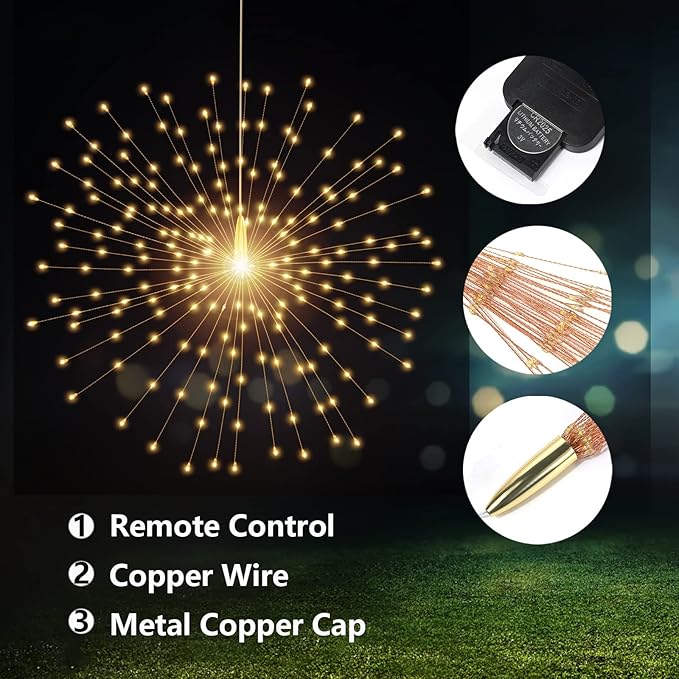 200 LED Starburst Sphere Lights,Firework Lights Battery Powered, Tent Chandelier Remote Control, Waterproof Hanging Lights for Gardens Courtyards Porches Christmas Party Home Decor（Warm White）