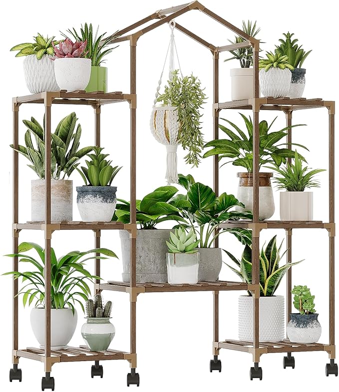 Bamworld Plant Stand with Wheels Indoor Hanging Plant Shelf Outdoor Large Plant Rack for Multiple Plants Boho Home Decor Plant Gift for Mom Women