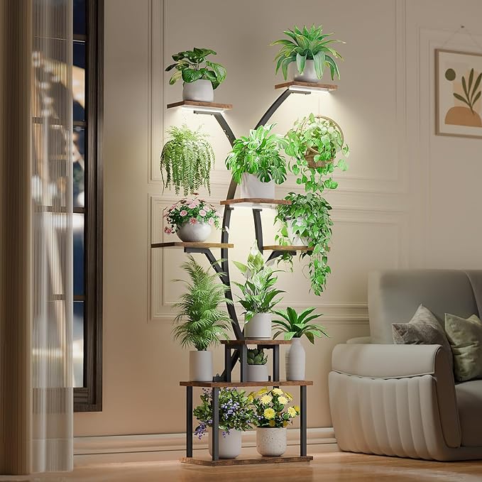 64.8" Tall Plant Stand Indoor with Grow Lights, 7 Tiered Metal Corner Plant Shelf Display Rack for Indoor Plants, Large Flower Holder Stand for Living room, Patio, Bedroom
