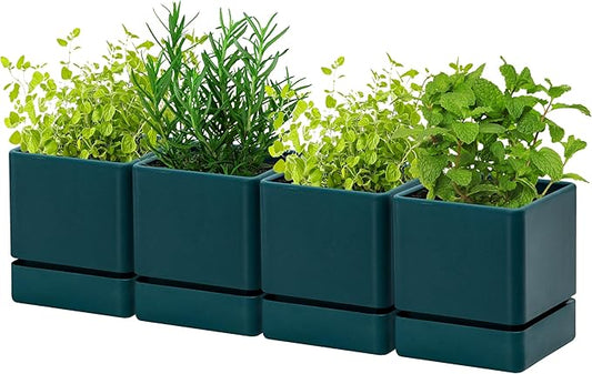 4 Inch Herb Planter Pot, Plastic Planter with Drainage Holes and Saucer, Modern Decorative Gardening Pot for Indoor Plants, Flowers, Herbs, Succulents, Green, Set of 4, 76-Y-C-4