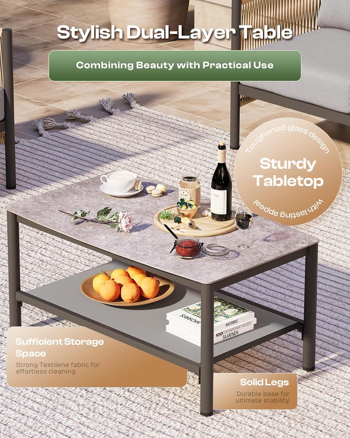 Aluminum Outdoor Patio Furniture Set, HDPE Rope 4 Piece Modern Sectional Conversation Sets with Dual-Layer Coffee Table, All Weather Patio Couch Sets with Thick Cushions, Gray Frame, Gray