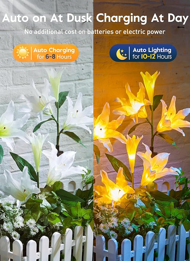 Brightown Outdoor Solar Garden Lights - 4 Pack LED Flower Lights with Larger Lily, Bigger Solar Panel, Waterproof for Outside Yard Patio Garden Decorations, White