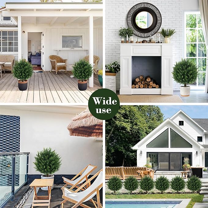 21" Artificial Cypress Topiary Outdoor Plants with Spike, 2 Pack Faux Cedar Bushes UV Resistant Fake Shrubs for Front Porch Décor