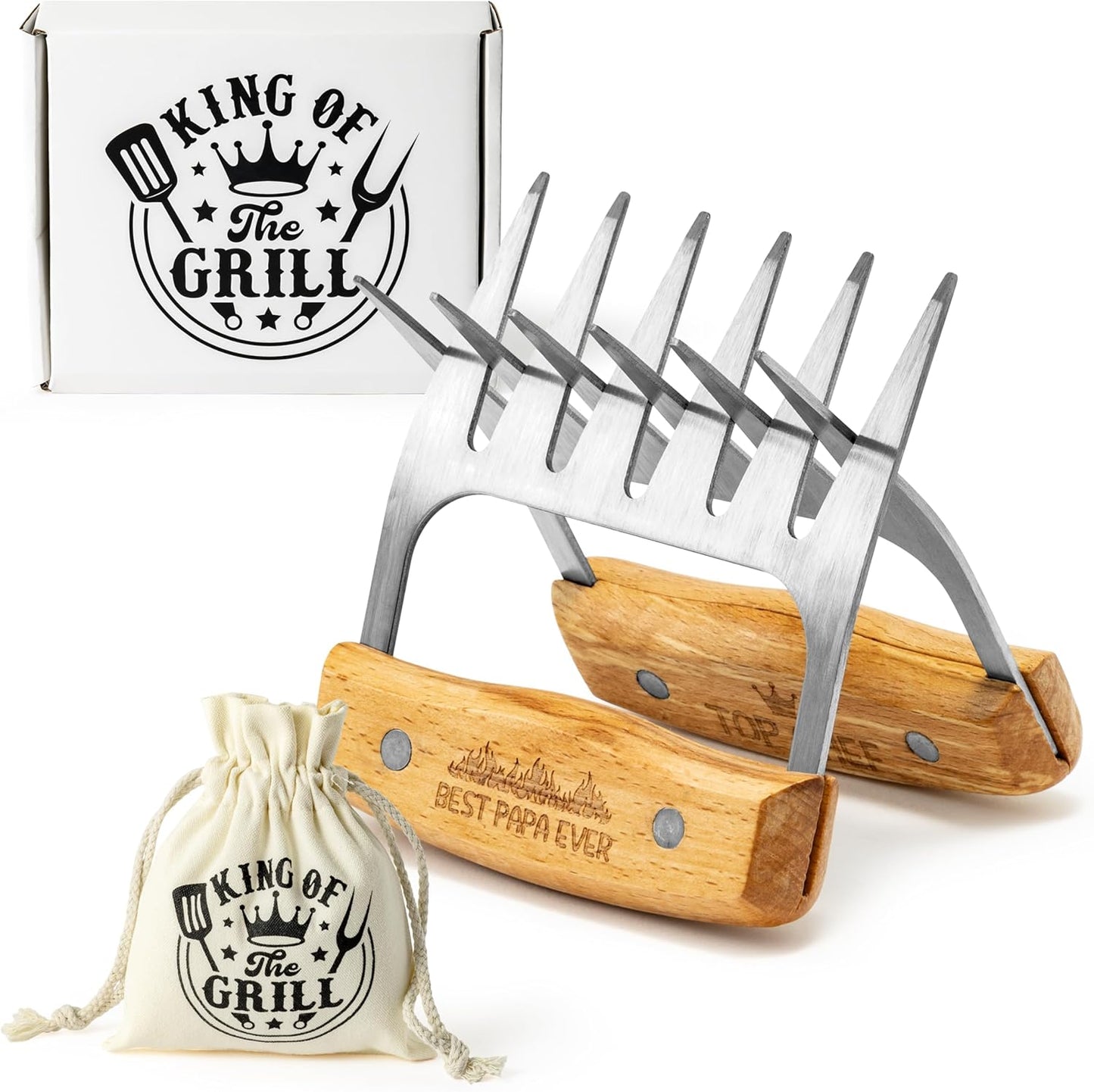 Haooryx Father's Day Meat Claw - Stainless Steel Meat Shredder Claws Grilling Tool BBQ Barbecue Accessories Drawstring Bag Box King of The Grill Best Papa Ever Top Chef Pulled Meat Dad's Birthday Gift