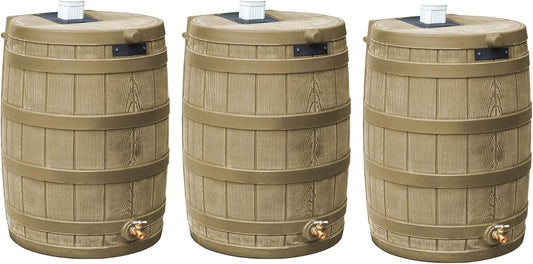 Good Ideas Rain Wizard 50 Gallon Plastic Outdoor Home Rain Barrel Water Storage Collector with Brass Spigot and Flat Back Design, Khaki (3 Pack)