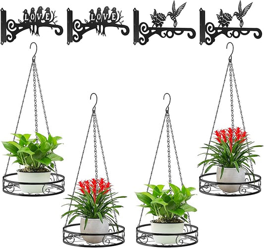 8-Pack Metal Hanging Planters for Outdoor Plants - Heavy Duty Anti Rust 4 Flower Pot Holder with 4 Bird Patterned Plant Hanger – Aesthetic Hanging Plant Holder for an Instant Indoor and Outdoor Decor