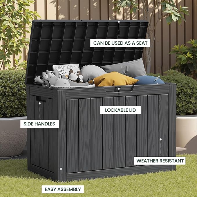 45 Outdoor Storage Box, Waterproof Resin Deck Box with Side Handles, Lockable Outdoor Bench for Indoor & Outdoor Use, Storage Bin for Patio Cushions, Garden Tools, Package Delivery, Black
