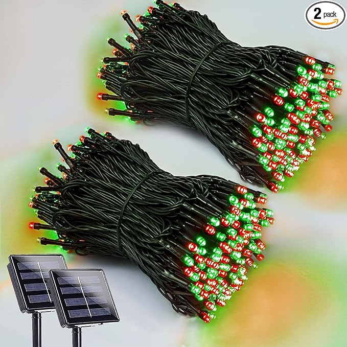 2 Pack 200 LED Solar Christmas Lights Outdoor Waterproof, Solar String Lights for Outside, Solar Outdoor String Light with 8 Lighting Modes for Xmas Tree Wedding Party Yard Decorations (Red and Green)