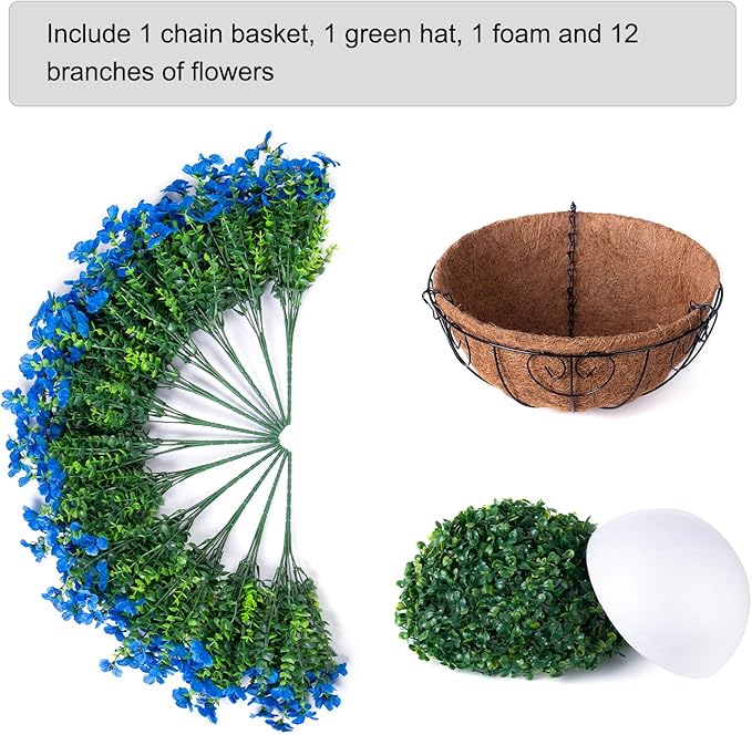 Artificial Fake Hanging Plants Flowers with Basket Outdoor Decor Faux Silk Daisy Flower Arrangements in Pot Planter for Porch Home Indoor Patio Garden Yard Decoration, Blue