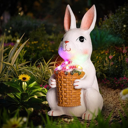 Brightever Solar Powered Garden Statues- Bunny Figurines for Spring & Easter Decor, Outdoor Rabbit Statue with Colorful LED Lights for Patio, Balcony, Lawn, Birthday Gifts for Women, Mom, Grandma